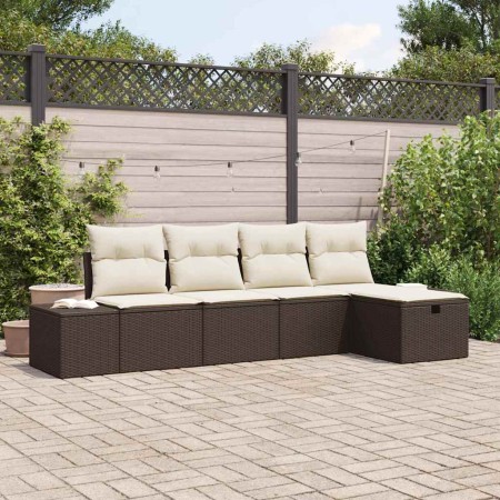 Conjunto de sofá de jardín con cojín 5 pcs Marrón Poliratán