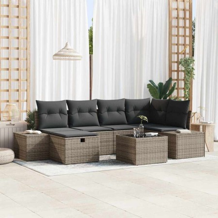 Conjunto de sofá de jardín con cojín 7 pcs Gris Poliratán