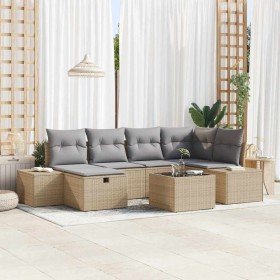 Conjunto de sofá de jardín con cojín 7 pcs Beige Poliratán