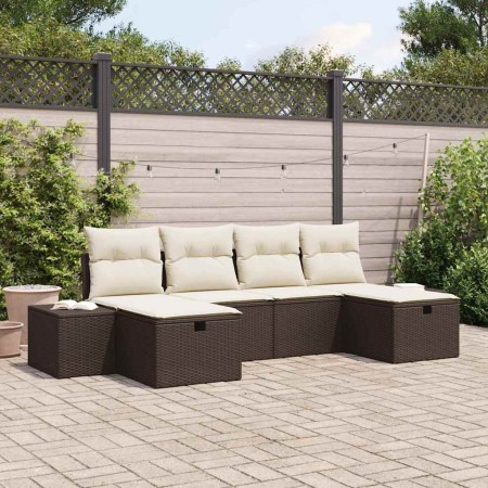 Conjunto de sofá de jardín con cojín 6 pcs Marrón Poliratán