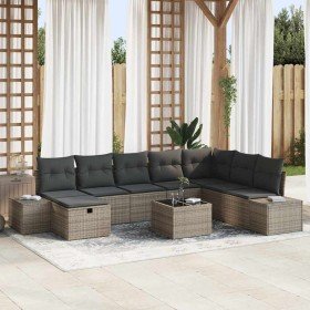 Conjunto de sofá de jardín con cojín 9 pcs Gris Poliratán Conjunto de sofá de jardín con cojín 9 pcs Gris Poliratán