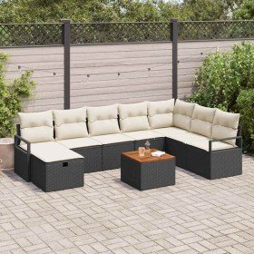 Conjunto de sofá de jardín con cojín 9 pcs Negro Poliratán