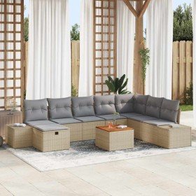 Conjunto de sofá de jardín con cojín 9 pcs Beige Poliratán