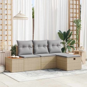 Conjunto de sofá de jardín con cojín 4 pcs Beige Poliratán