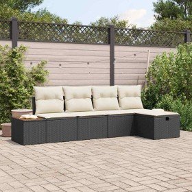 Conjunto de sofá de jardín con cojín 5 pcs Negro Poliratán Conjunto de sofá de jardín con cojín 5 pcs Negro Poliratán