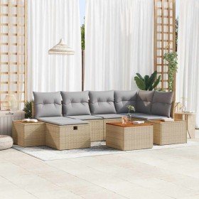 Conjunto de sofá de jardín con cojín 7 pcs Beige Poliratán
