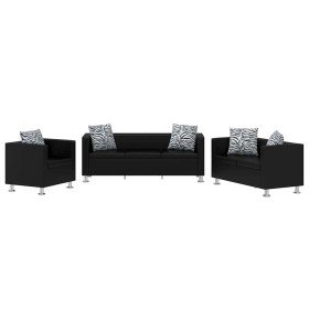 Conjunto de sofás de 2 y 3 plazas y sillón de cuero artificial negro Conjunto de sofás de 2 y 3 plazas y sillón de cuero artificial