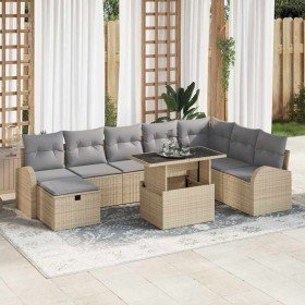 Conjunto de sofá de jardín con cojín 9 pcs Beige Poliratán Conjunto de sofá de jardín con cojín 9 pcs Beige Poliratán