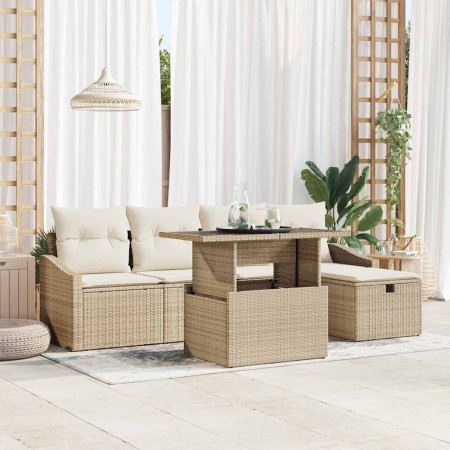 Conjunto de sofá de jardín con cojín 6 pcs Beige Poliratán
