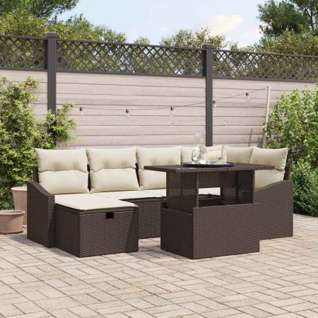 Conjunto de sofá de jardín con cojín 7 pcs Marrón Poliratán