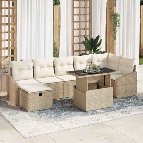 Conjunto de sofá de jardín con cojín 8 pcs Beige Poliratán