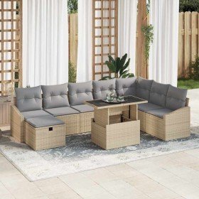 Conjunto de sofá de jardín con cojín 9 pcs Beige Poliratán