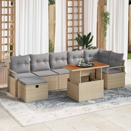 Conjunto de sofá de jardín con cojín 8 pcs Beige Poliratán