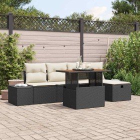 Conjunto de sofá de jardín con cojín 6 pcs Negro Poliratán Conjunto de sofá de jardín con cojín 6 pcs Negro Poliratán
