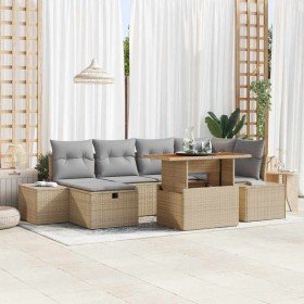 Conjunto de sofá de jardín con cojín 7 pcs Beige Poliratán