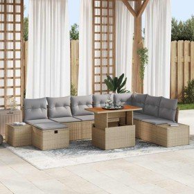 Conjunto de sofá de jardín con cojín 9 pcs Beige Poliratán