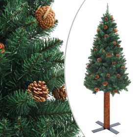 Árbol de Navidad delgado madera auténtica y piñas PVC 210 cm