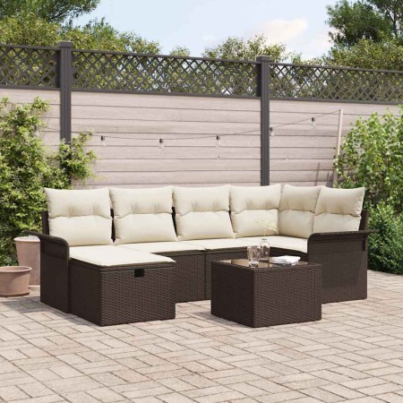 Conjunto de sofá de jardín con cojín 7 pcs Marrón Poliratán
