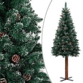 Árbol de Navidad estrecho con madera real y nieve 210 cm verde