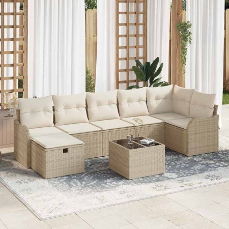 Conjunto de sofá de jardín con cojín 8 pcs Beige Poliratán