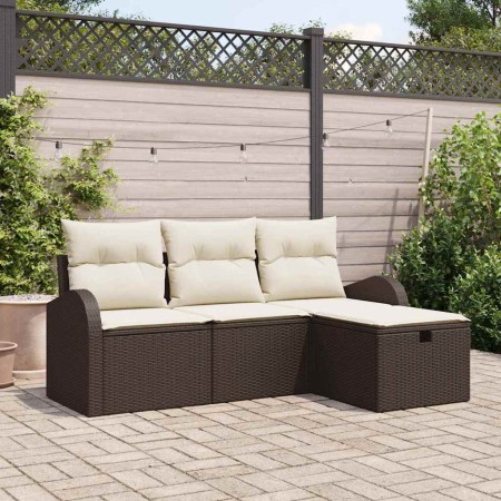 Conjunto de sofá de jardín con cojín 4 pcs Marrón Poliratán