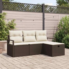 Conjunto de sofá de jardín con cojín 4 pcs Marrón Poliratán