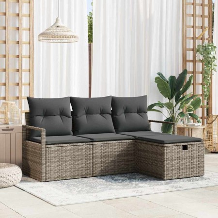 Conjunto de sofá de jardín con cojín 4 pcs Gris Poliratán
