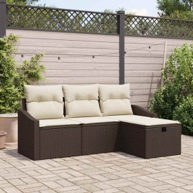 Conjunto de sofá de jardín con cojín 4 pcs Marrón Poliratán