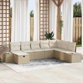 Conjunto de sofá de jardín con almohada 8 pcs Beige Poliratán en Sofás de exterior | Comprar online en Foro24