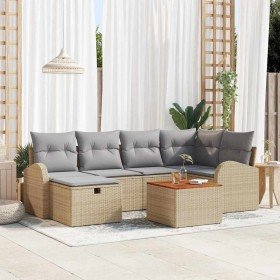 Conjunto de sofá de jardín con cojín 7 pcs Beige Poliratán Conjunto de sofá de jardín con cojín 7 pcs Beige Poliratán