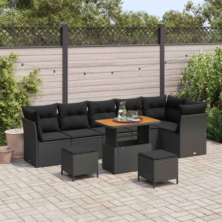 Conjunto de sofá de jardín 9 pcs Negro ratán sintético