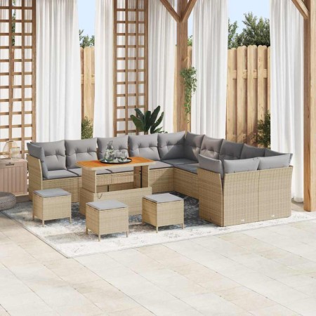 Conjunto de sofá de jardín 14 pcs Beige ratán sintético