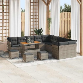Conjunto de sofá de jardín 14 pcs Gris ratán sintético