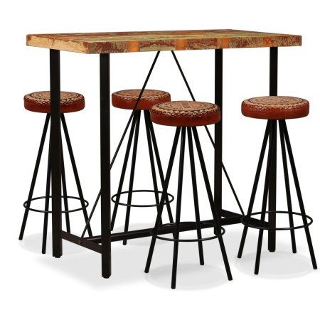 Mesa y 4 taburetes bar madera maciza reciclada cuero real lona en Conjuntos de muebles para cocinas y comedores | Comprar online