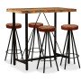 Mesa y 4 taburetes bar madera maciza reciclada cuero real lona en Conjuntos de muebles para cocinas y comedores | Comprar online
