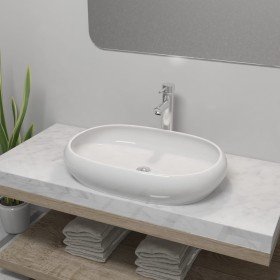Lavabo de baño ovalado con grifo mezclador cerámica blanco