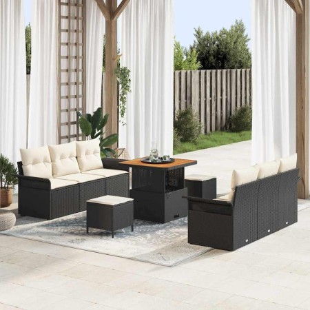 Conjunto de sofá de jardín 9 pcs Negro ratán sintético