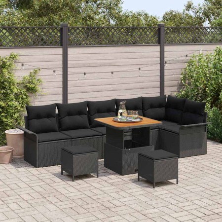 Conjunto de sofá de jardín 9 pcs Negro ratán sintético