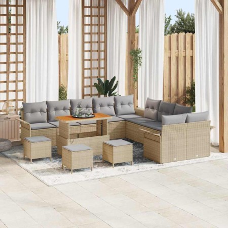 Conjunto de sofá de jardín 14 pcs Beige ratán sintético