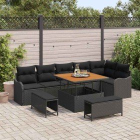 Conjunto de sofá de jardín 9 pcs Negro ratán sintético