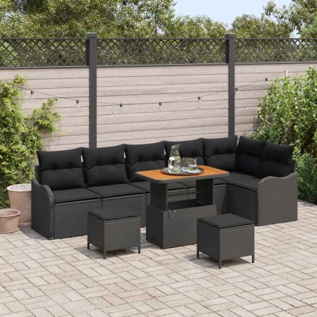 Conjunto de sofá de jardín 9 pcs Negro ratán sintético