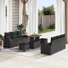 Conjunto de sofá de jardín con cojín 9 pcs Negro Poliratán