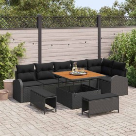 Conjunto de sofá de jardín con cojín 9 pcs Negro Poliratán