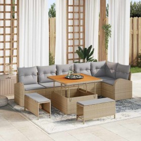 Conjunto de sofá de jardín con cojín 9 pcs Beige Poliratán