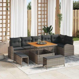 Conjunto de sofá de jardín con cojín 9 pcs Gris Poliratán