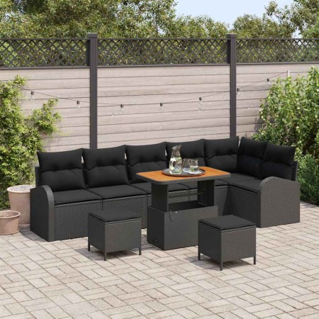 Conjunto de sofá de jardín con cojín 9 pcs Negro Poliratán