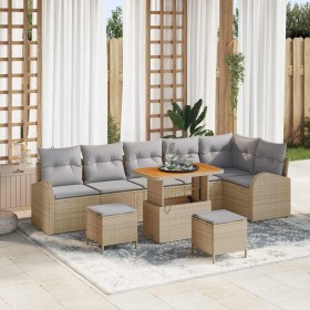 Conjunto de sofá de jardín con cojín 9 pcs Beige Poliratán