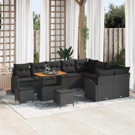 Conjunto de sofá de jardín con cojín 12 pcs Negro Poliratán