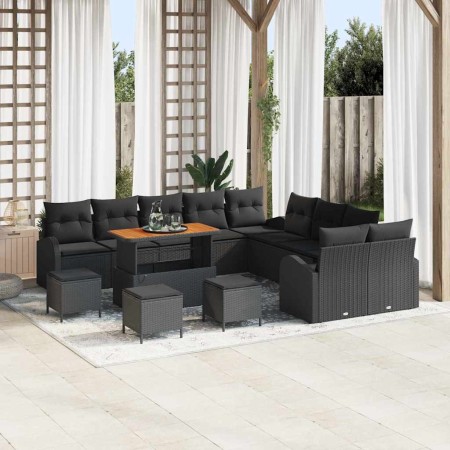 Conjunto de sofá de jardín con cojín 14 pcs Negro Poliratán
