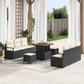 Conjunto de sofá de jardín con cojín 9 pcs Negro Poliratán